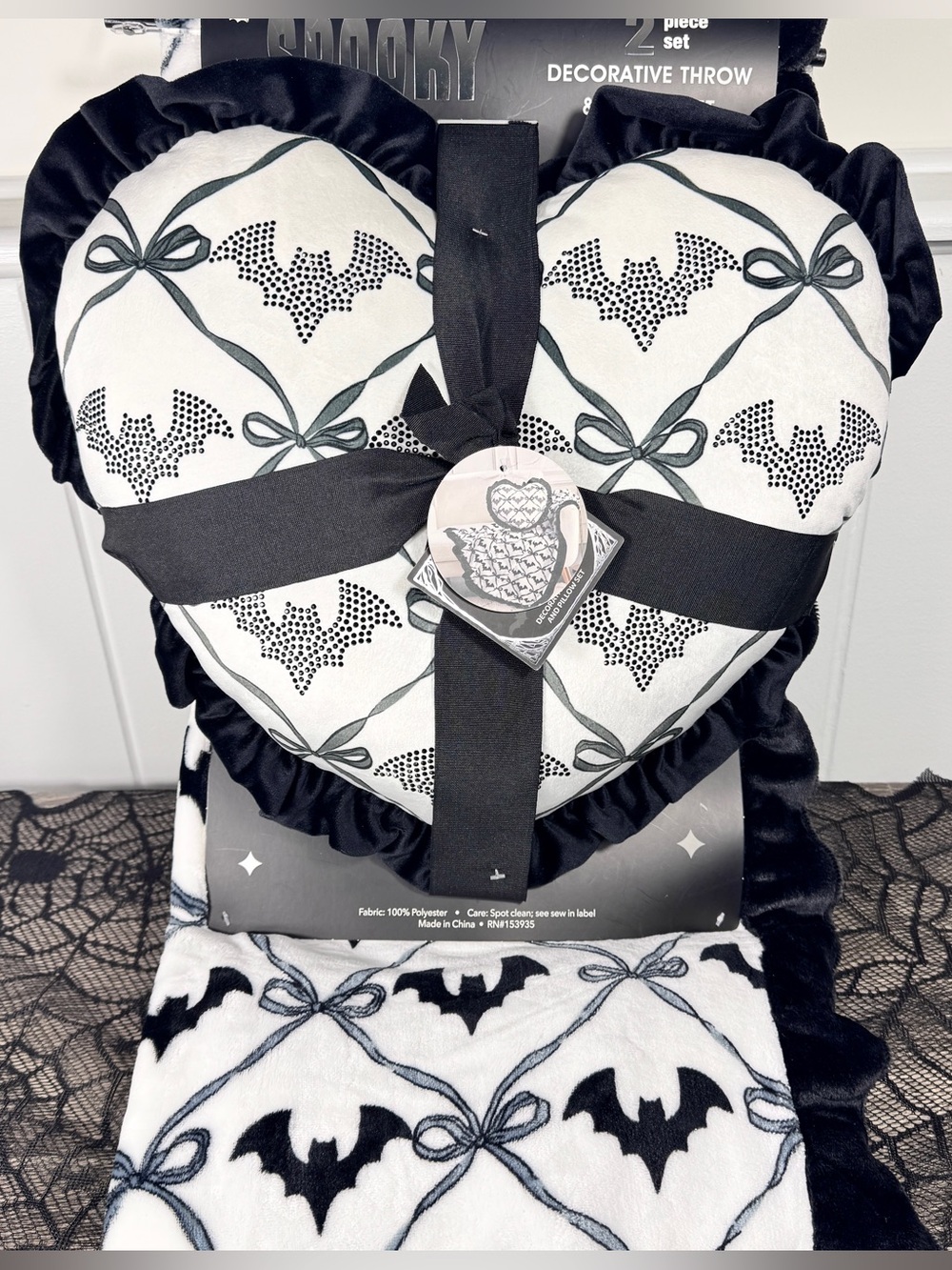 NEW Spooky Vibes Matching Bats and Bows Halloween Pillow and Blanket